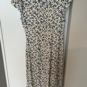 Reformation Blue and White A-line Midi Dress with Flutter Sleeves
